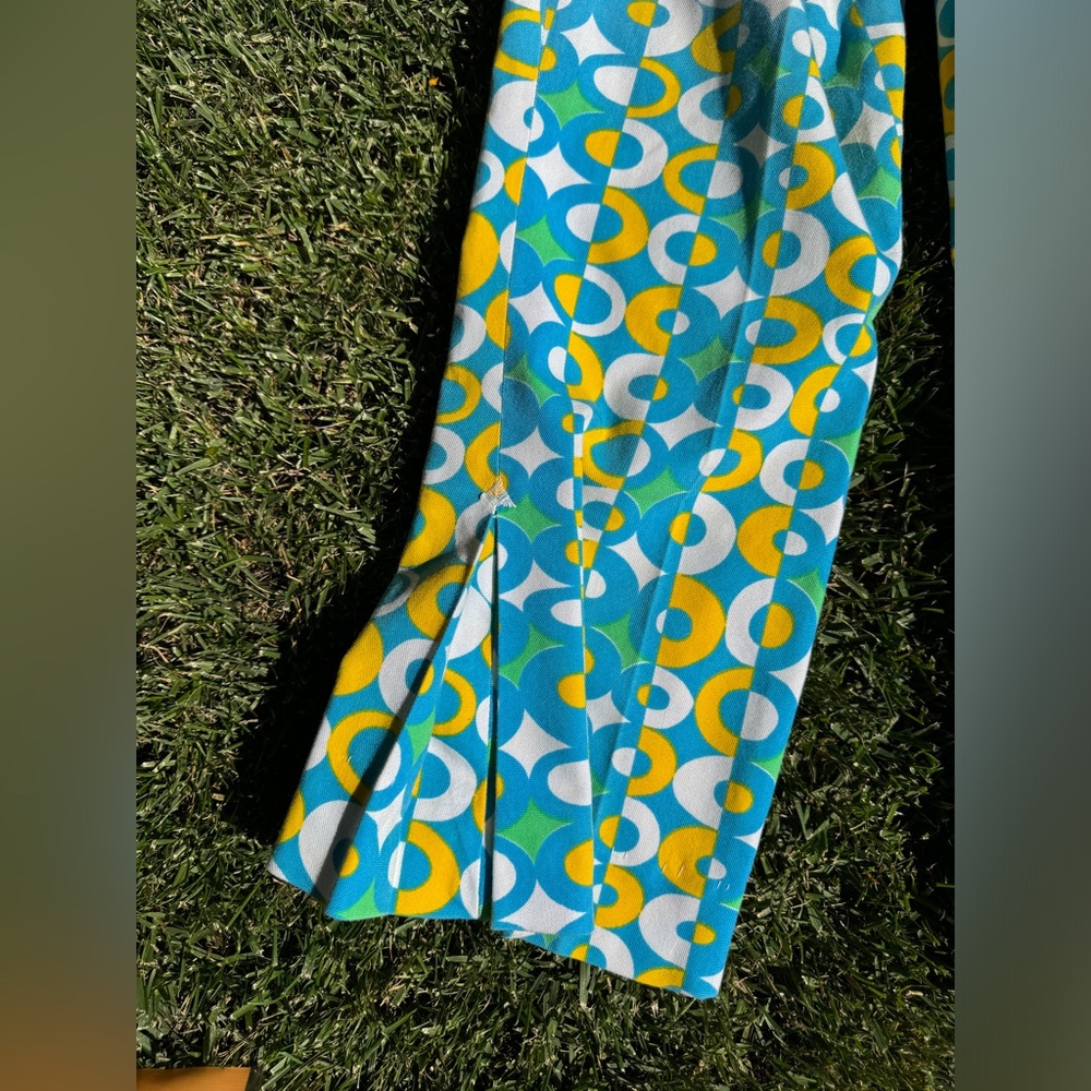 60s Vintage Green White and Blue Geometric Circle Print Kick Flares - Picture 5 of 9